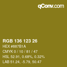 Color code: RGB 136 123 26 | qconv.com