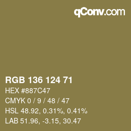 Color code: RGB 136 124 71 | qconv.com