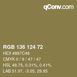 Color code: RGB 136 124 72 | qconv.com