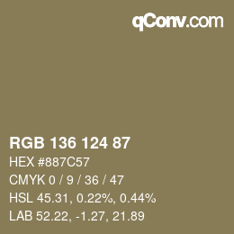 Color code: RGB 136 124 87 | qconv.com