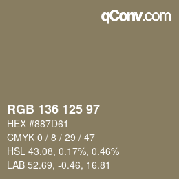 Color code: RGB 136 125 97 | qconv.com