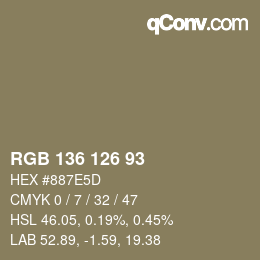 Color code: RGB 136 126 93 | qconv.com