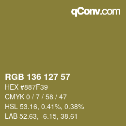 Color code: RGB 136 127 57 | qconv.com