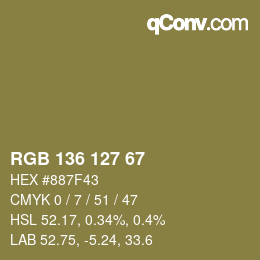 Color code: RGB 136 127 67 | qconv.com