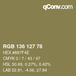 Color code: RGB 136 127 78 | qconv.com