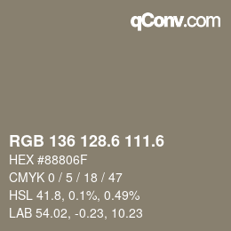 カラーコード: RGB 136 128.6 111.6 | qconv.com