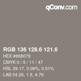 カラーコード: RGB 136 128.6 121.6 | qconv.com