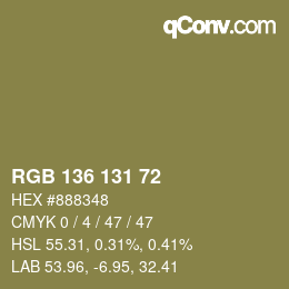 Color code: RGB 136 131 72 | qconv.com
