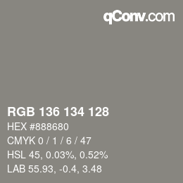 Color code: RGB 136 134 128 | qconv.com