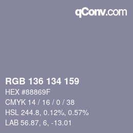 Color code: RGB 136 134 159 | qconv.com