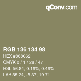 Color code: RGB 136 134 98 | qconv.com