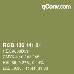 Color code: RGB 136 141 81 | qconv.com