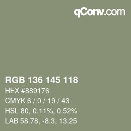 Color code: RGB 136 145 118 | qconv.com