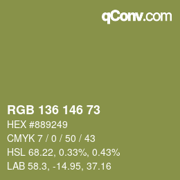 Color code: RGB 136 146 73 | qconv.com