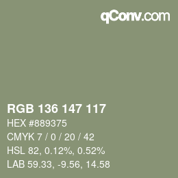 Color code: RGB 136 147 117 | qconv.com