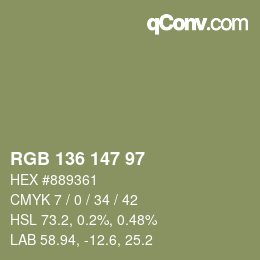 Color code: RGB 136 147 97 | qconv.com