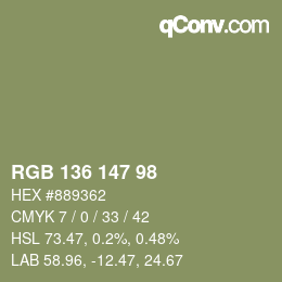 Color code: RGB 136 147 98 | qconv.com