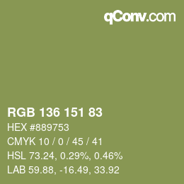Color code: RGB 136 151 83 | qconv.com