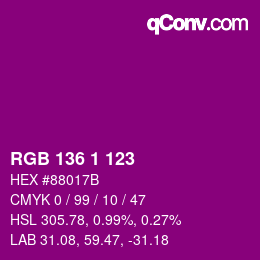 Color code: RGB 136 1 123 | qconv.com