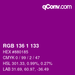 Farbcode: RGB 136 1 133 | qconv.com