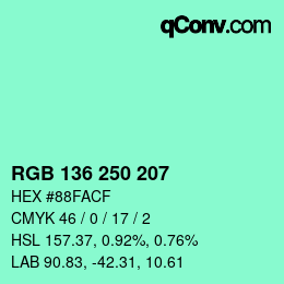 Color code: RGB 136 250 207 | qconv.com