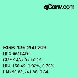 Color code: RGB 136 250 209 | qconv.com