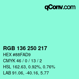 Color code: RGB 136 250 217 | qconv.com