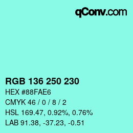 Color code: RGB 136 250 230 | qconv.com