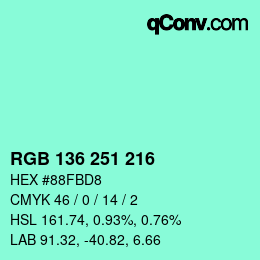 Color code: RGB 136 251 216 | qconv.com