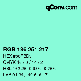 Color code: RGB 136 251 217 | qconv.com