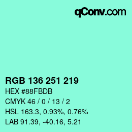 Color code: RGB 136 251 219 | qconv.com