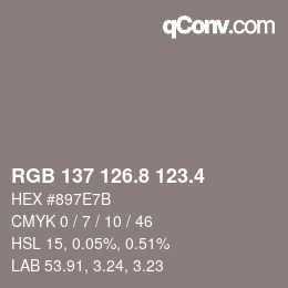 カラーコード: RGB 137 126.8 123.4 | qconv.com