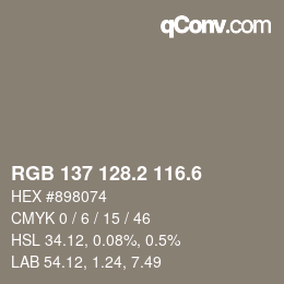 カラーコード: RGB 137 128.2 116.6 | qconv.com