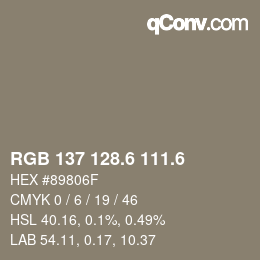カラーコード: RGB 137 128.6 111.6 | qconv.com