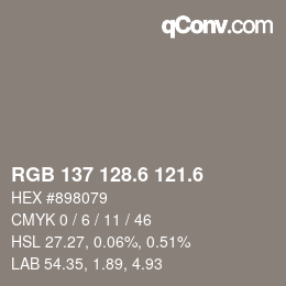 カラーコード: RGB 137 128.6 121.6 | qconv.com