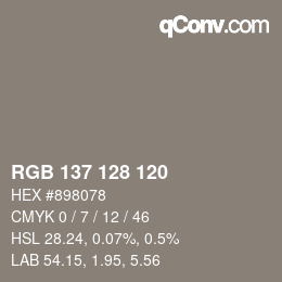 颜色代码: RGB 137 128 120 | qconv.com