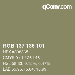 Color code: RGB 137 136 101 | qconv.com