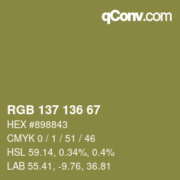Color code: RGB 137 136 67 | qconv.com