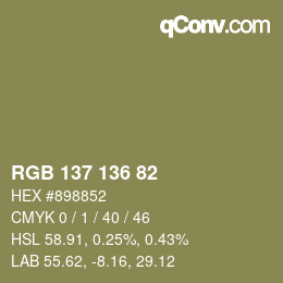 Color code: RGB 137 136 82 | qconv.com