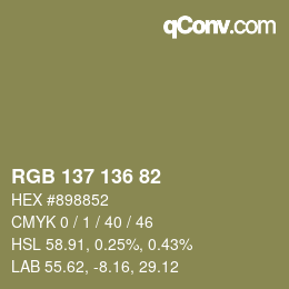 Color code: RGB 137 136 82 | qconv.com