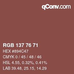 颜色代码: RGB 137 76 71 | qconv.com