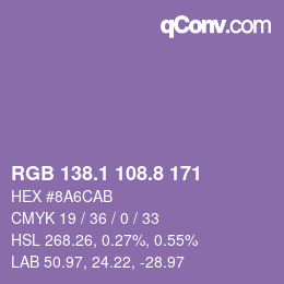 カラーコード: RGB 138.1 108.8 171 | qconv.com