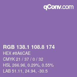 カラーコード: RGB 138.1 108.8 174 | qconv.com
