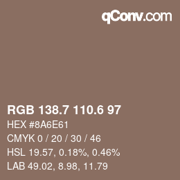 カラーコード: RGB 138.7 110.6 97 | qconv.com