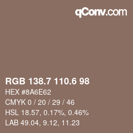 カラーコード: RGB 138.7 110.6 98 | qconv.com