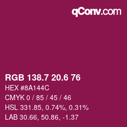 カラーコード: RGB 138.7 20.6 76 | qconv.com