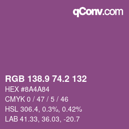 カラーコード: RGB 138.9 74.2 132 | qconv.com