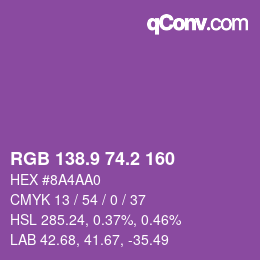 カラーコード: RGB 138.9 74.2 160 | qconv.com