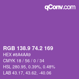 カラーコード: RGB 138.9 74.2 169 | qconv.com