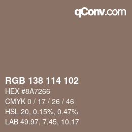 Color code: RGB 138 114 102 | qconv.com